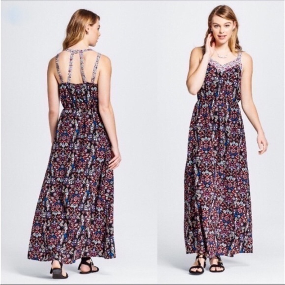 Xhilaration Black Floral Boho Strappy Maxi Dress Sweetheart Neckline Medium - Picture 1 of 8